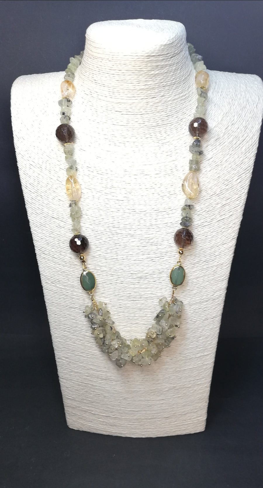 Collana prehnite, citrino e quarzo fumé