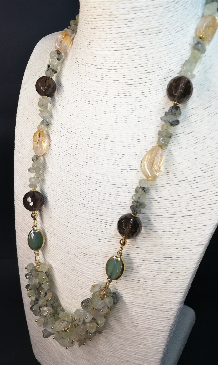 Collana prehnite, citrino e quarzo fumé