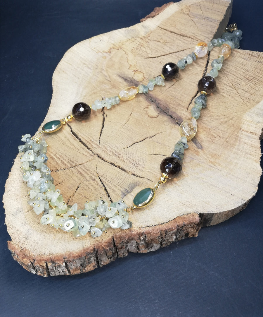 Collana prehnite, citrino e quarzo fumé