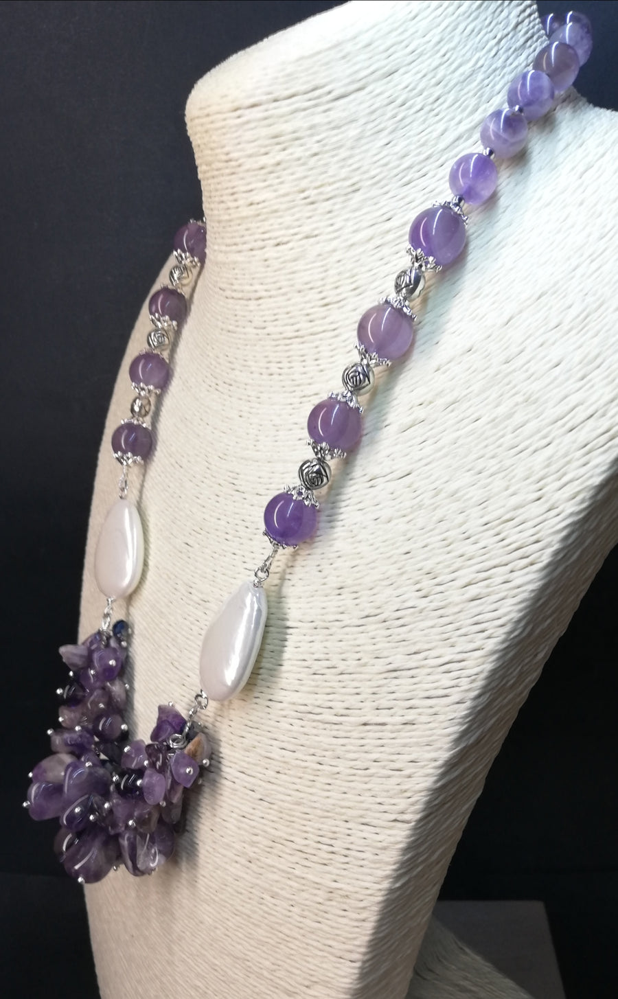 Collana ametista con goccie di madreperla