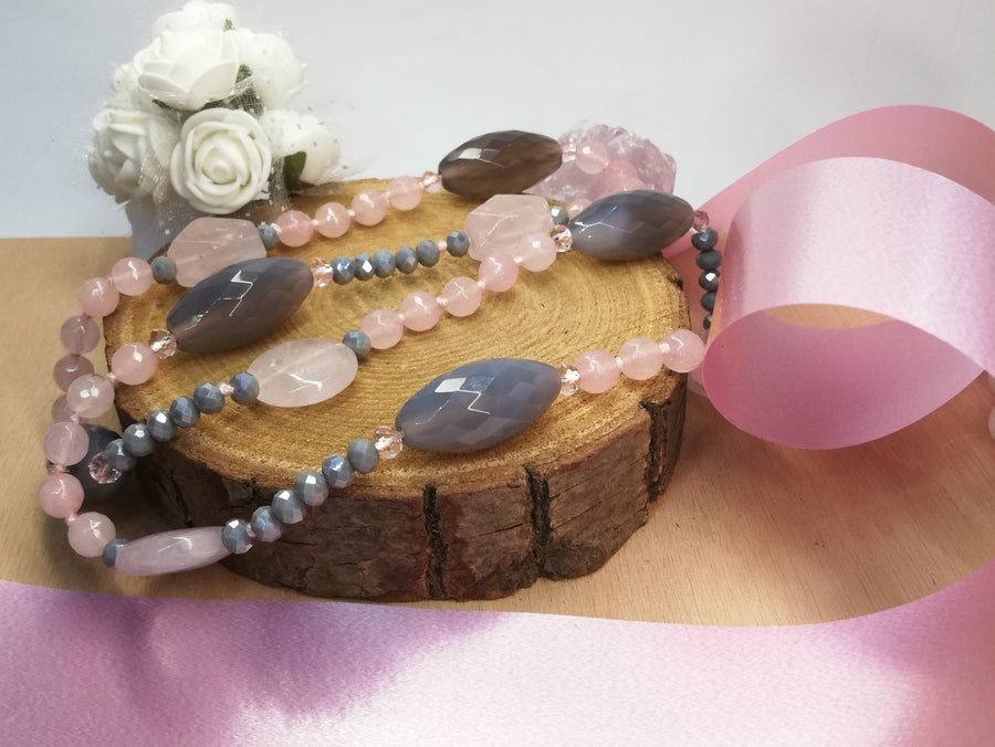 collana lunga quarzo rosa e quarzo nuvola